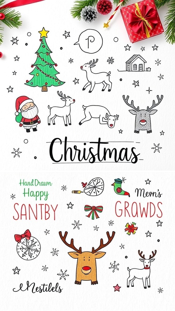 Festive Christmas Doodles to Draw A variety of colorful Christmas doodles featuring a tree, Santa, reindeer, and snowflakes on a festive background.